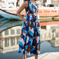 Yumi Blue Cotton Floral Abstract Dropped Waist Midi Dress