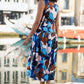 Yumi Blue Cotton Floral Abstract Dropped Waist Midi Dress