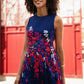 Yumi Navy Border Floral Print Midi Dress With Pleats