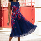 Yumi Navy Border Floral Print Midi Dress With Pleats