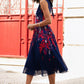 Yumi Navy Border Floral Print Midi Dress With Pleats