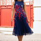 Yumi Navy Border Floral Print Midi Dress With Pleats