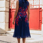 Yumi Navy Border Floral Print Midi Dress With Pleats