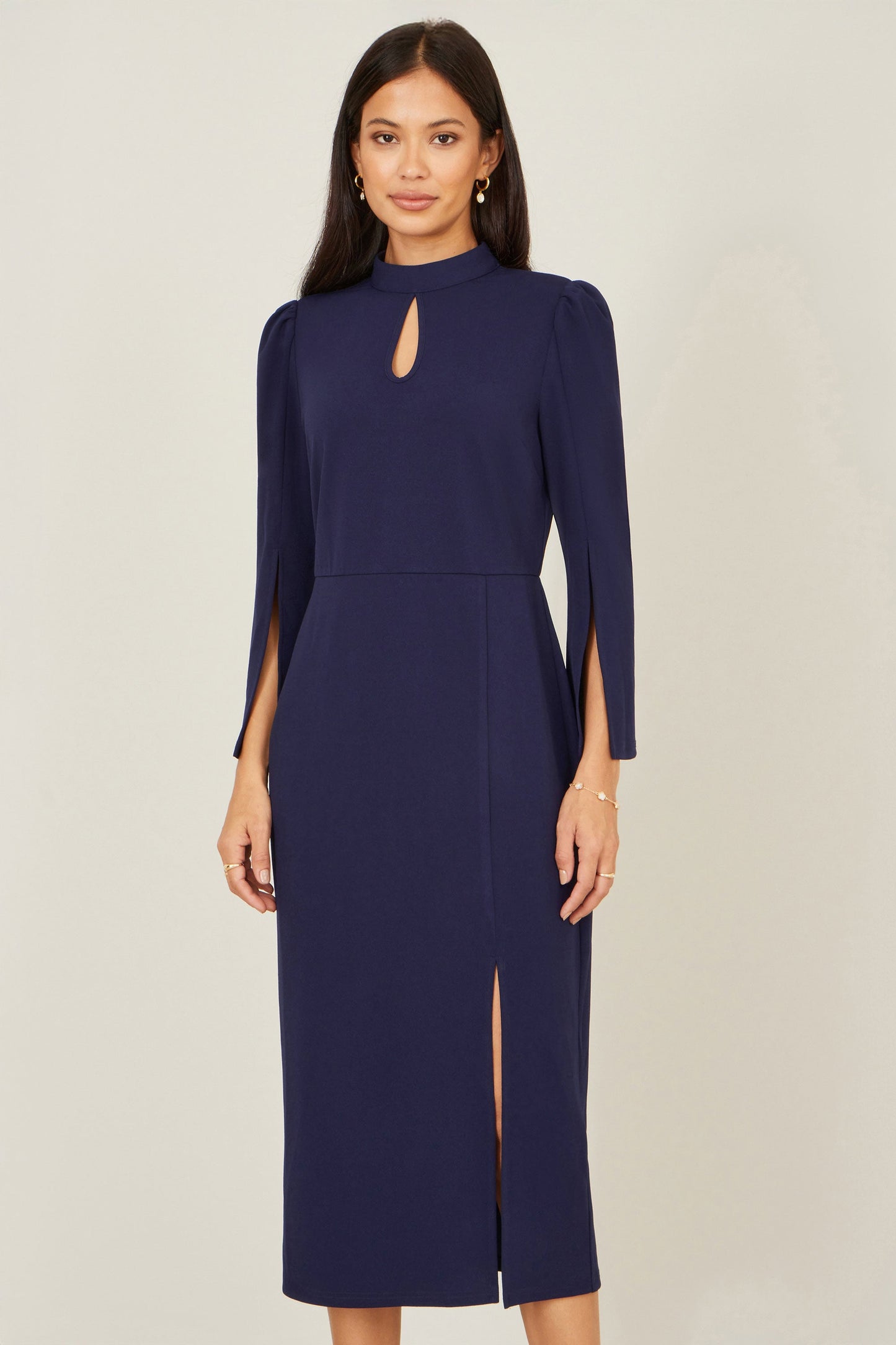 Yumi Navy Fitted Midi Dress With Flute Sleeves