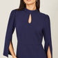 Yumi Navy Fitted Midi Dress With Flute Sleeves