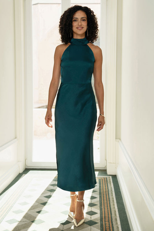 Yumi Green Satin Halter Neck Midi Dress