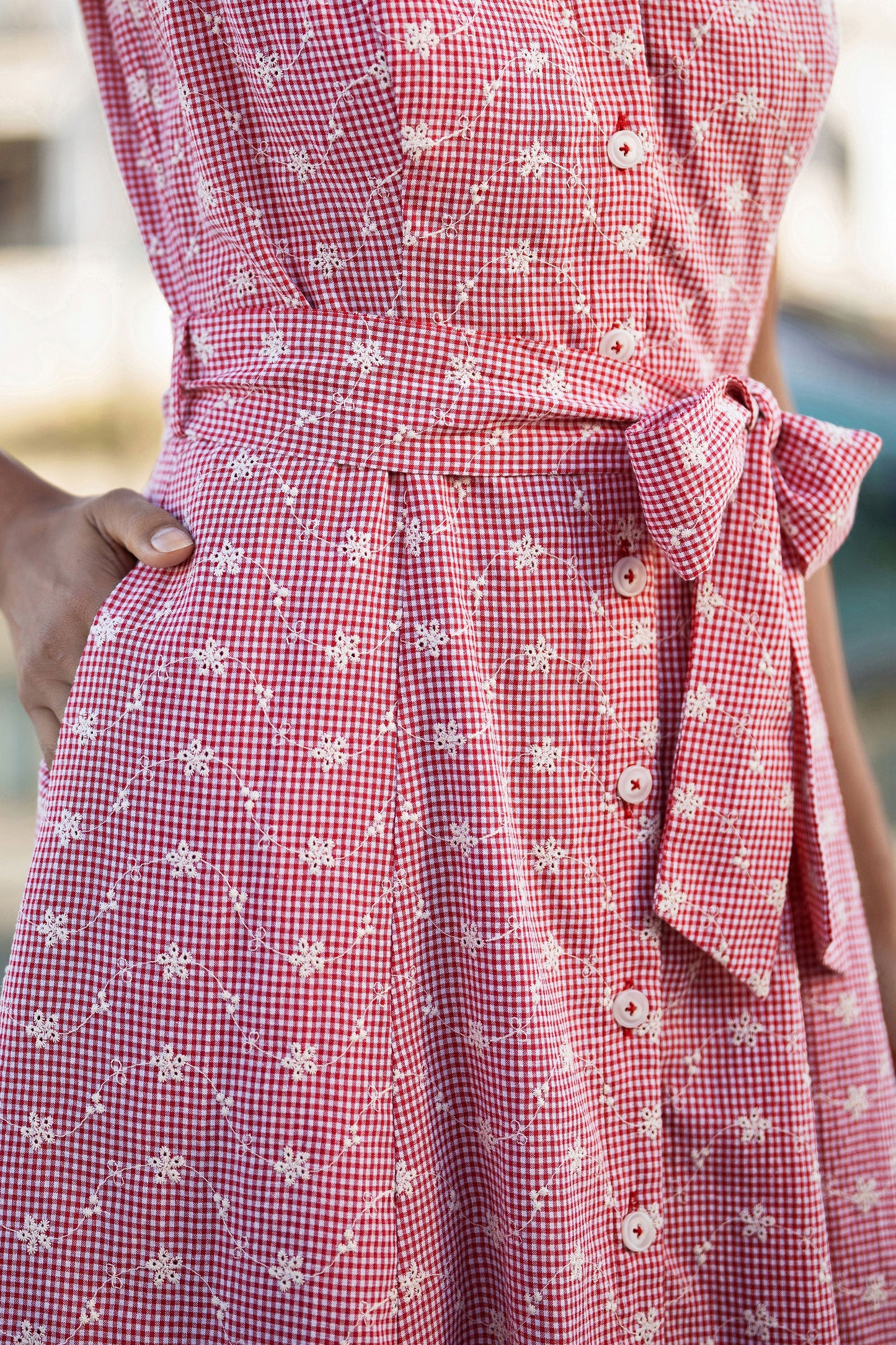 Yumi Red Broderie Anglaise Embroidered Sleeveless Shirt Dress