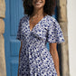 Yumi Blue Floral Ruched Waist Midi Dress With Angel Sleeves