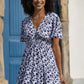Yumi Blue Floral Ruched Waist Midi Dress With Angel Sleeves