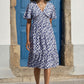Yumi Blue Floral Ruched Waist Midi Dress With Angel Sleeves