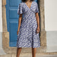 Yumi Blue Floral Ruched Waist Midi Dress With Angel Sleeves