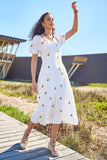 Yumi White Cotton Sunflower Embroidered Midi Dress