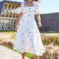 Yumi White Cotton Sunflower Embroidered Midi Dress