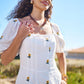 Yumi White Cotton Sunflower Embroidered Midi Dress
