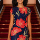 Yumi Navy Poppy Print Midi Mesh Dress