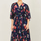 Yumi Navy Floral Kimono Wrap Dress With Dip Hem