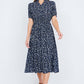 Yumi Navy Ditsy Floral Midi Shirt Dress With Ruched Waist
