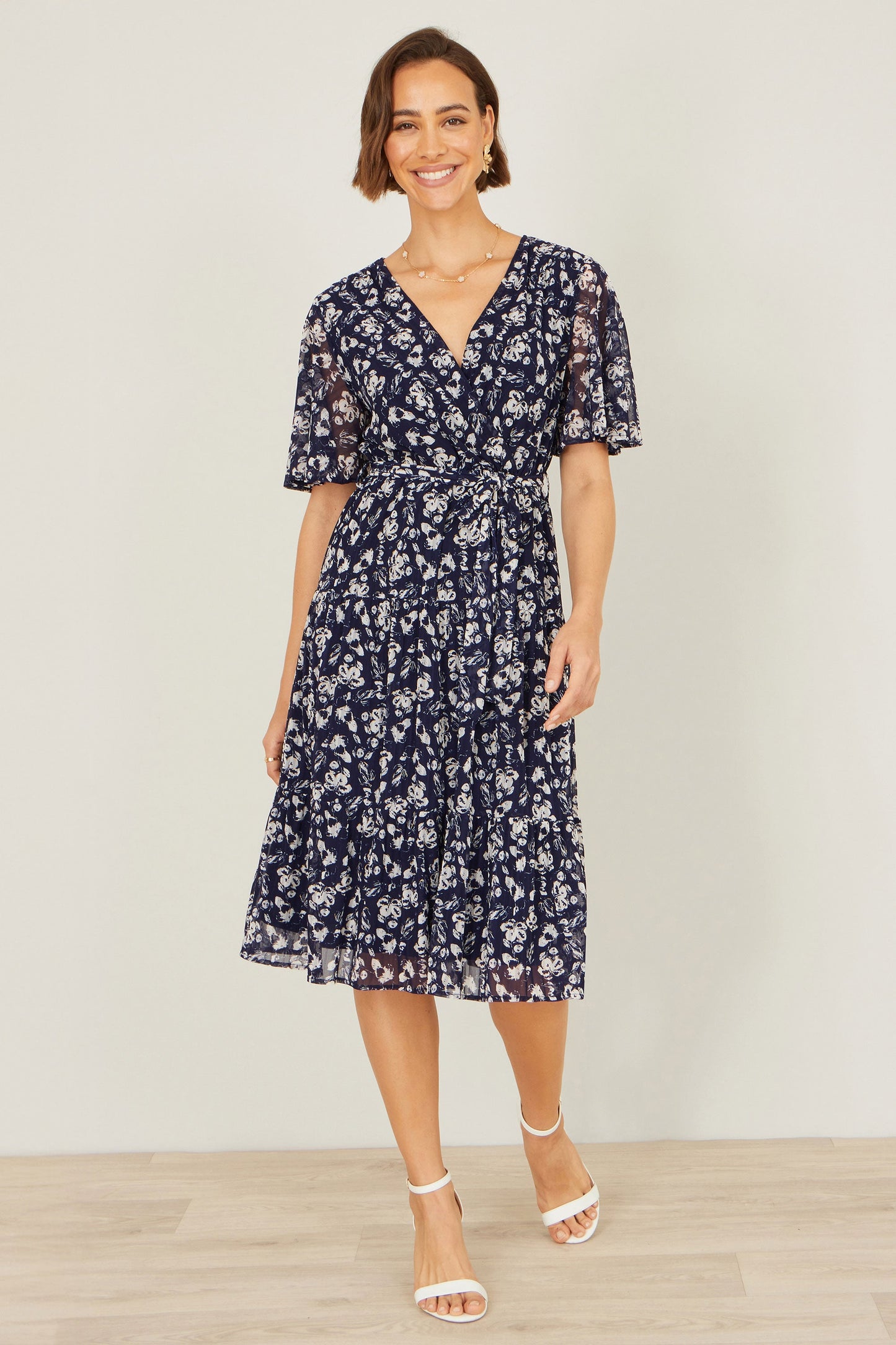 Yumi Navy Floral Mesh Wrap Dress