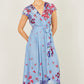 Yumi Blue Floral Mirror Wrap High Low Midi Wrap Dress