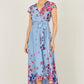 Yumi Blue Floral Mirror Wrap High Low Midi Wrap Dress