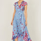 Yumi Blue Floral Mirror Wrap High Low Midi Wrap Dress