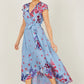 Yumi Blue Floral Mirror Wrap High Low Midi Wrap Dress