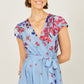 Yumi Blue Floral Mirror Wrap High Low Midi Wrap Dress