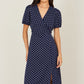 Yumi Navy Spot Wrap Midi Tea Dress