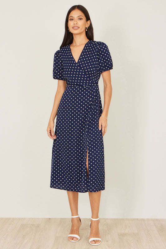 Yumi Navy Spot Wrap Midi Tea Dress