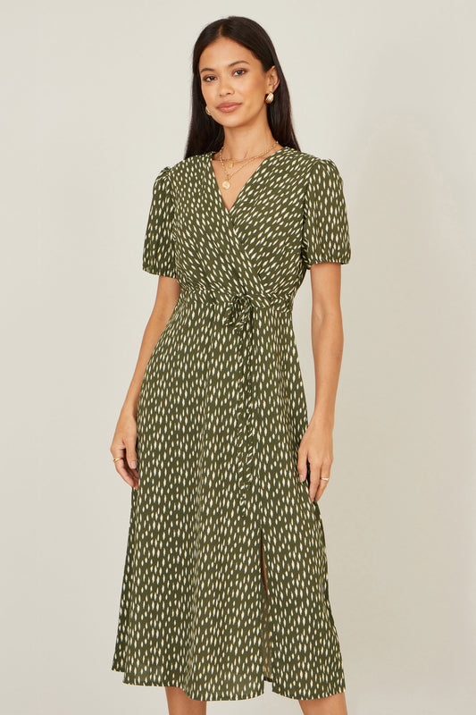 Yumi Green Spot Wrap Midi Tea Dress