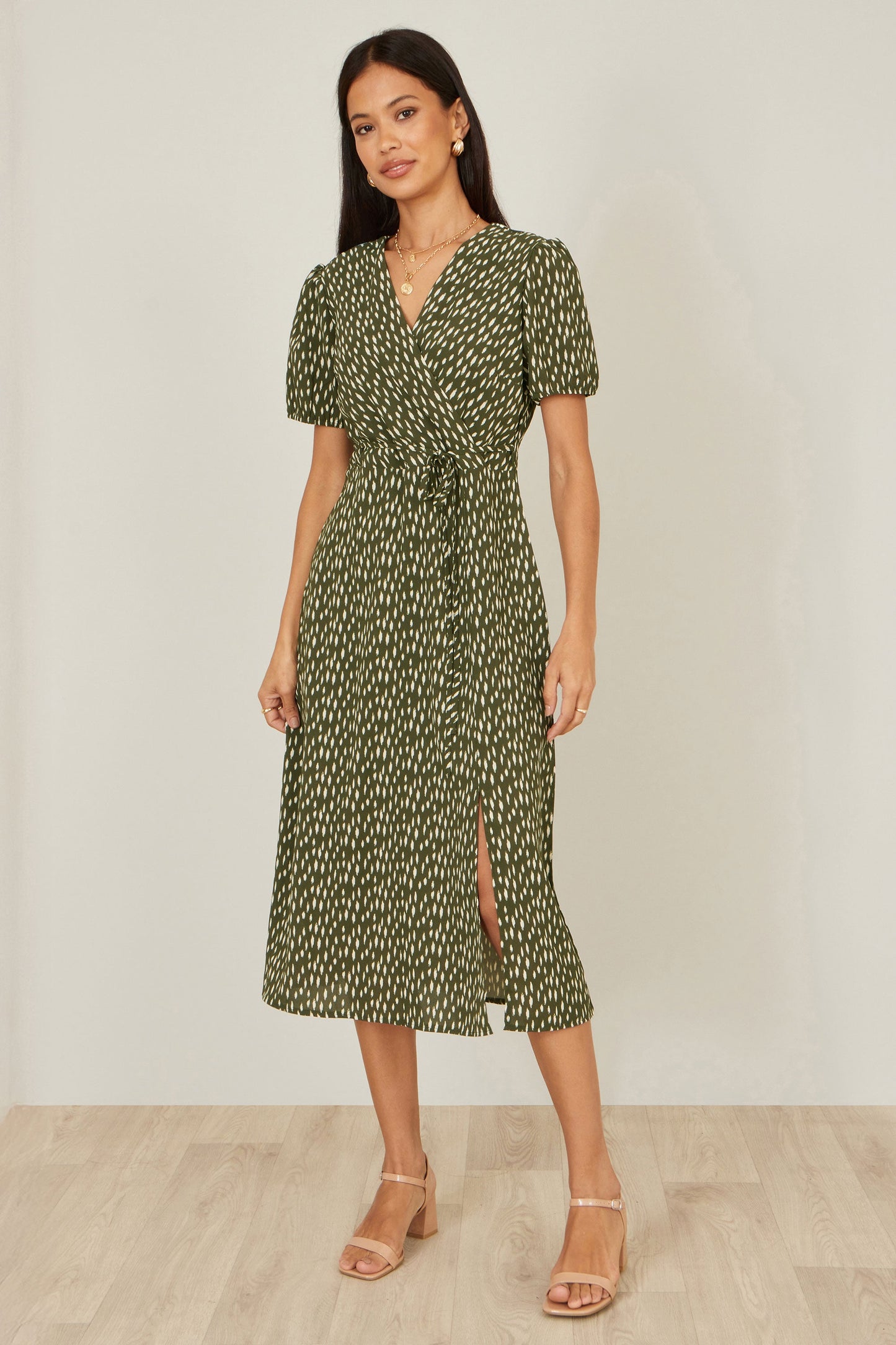 Yumi Green Spot Wrap Midi Tea Dress