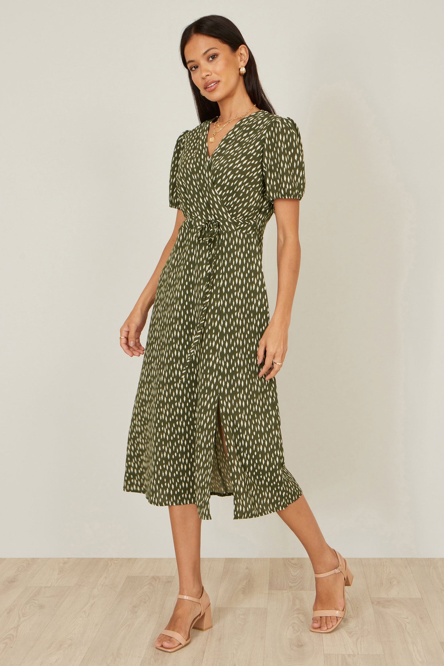 Yumi Green Spot Wrap Midi Tea Dress