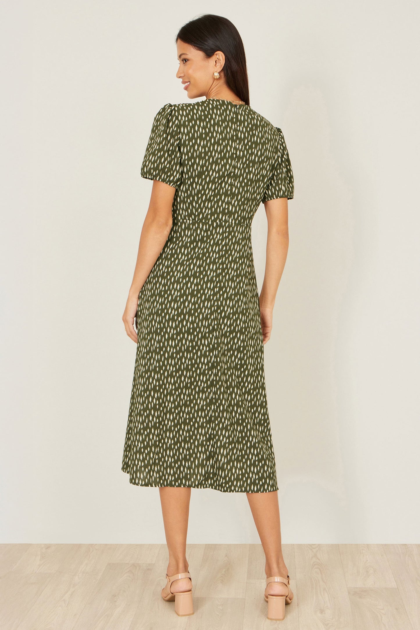 Yumi Green Spot Wrap Midi Tea Dress