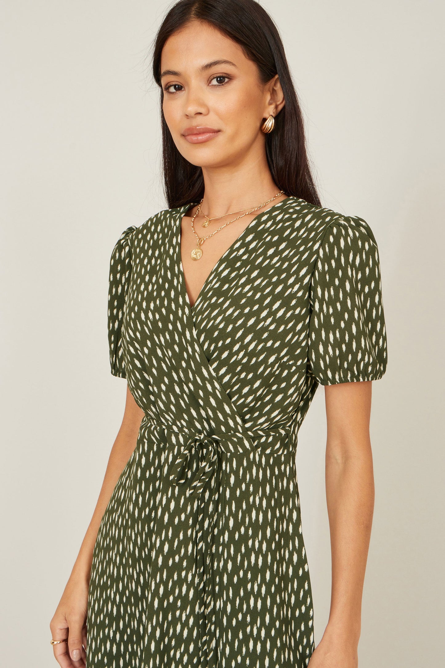 Yumi Green Spot Wrap Midi Tea Dress
