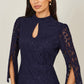 Yumi Navy Lace Fitted Midi Dress With Flute Sleeves