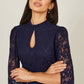 Yumi Navy Lace Fitted Midi Dress With Flute Sleeves