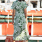 Yumi Green Leaf Print Viscose Relaxed Midi Shirt Dress