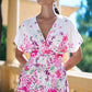 Yumi Pink Mirror Floral Print Ruched Waist Kimono Midi Dress