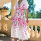Yumi Pink Mirror Floral Print Ruched Waist Kimono Midi Dress