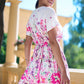 Yumi Pink Mirror Floral Print Ruched Waist Kimono Midi Dress
