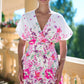 Yumi Pink Mirror Floral Print Ruched Waist Kimono Midi Dress