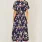 Yumi Navy Viscose Floral Print Midi Dress With Ruched Waist
