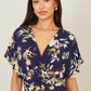 Yumi Navy Viscose Floral Print Midi Dress With Ruched Waist
