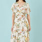 Yumi Ivory Viscose Floral Print Midi Dress With Ruched Waist