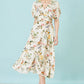 Yumi Ivory Viscose Floral Print Midi Dress With Ruched Waist