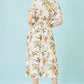 Yumi Ivory Viscose Floral Print Midi Dress With Ruched Waist