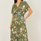 Yumi Sage Green Viscose Floral Print Midi Dress With Ruched Waist