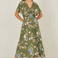 Yumi Sage Green Viscose Floral Print Midi Dress With Ruched Waist