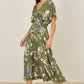 Yumi Sage Green Viscose Floral Print Midi Dress With Ruched Waist