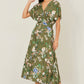 Yumi Sage Green Viscose Floral Print Midi Dress With Ruched Waist